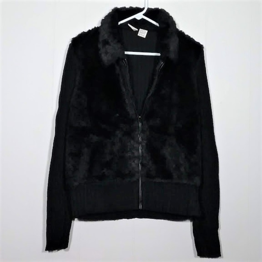Tiara black faux fur sweater zip up jacket XL